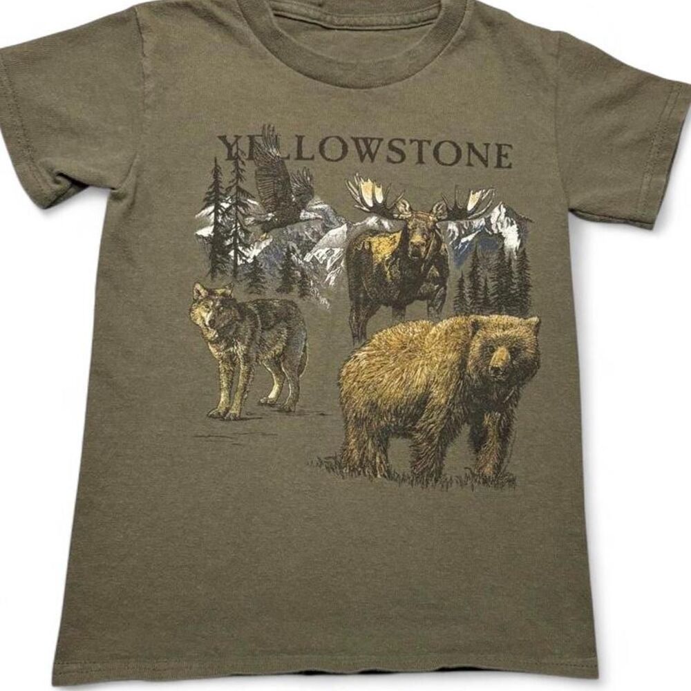 Yellowstone National Park Youth XS 4 5 T-Shirt Olive Green Wildlife Nature Tee